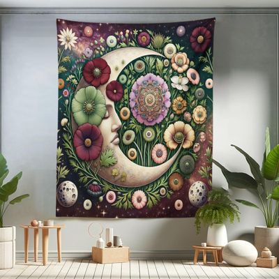 Ambesonne Moon Tapestry Twin Size, Starry Mandala Details Medieval Luna Character with Fantasy Leaves Boho, Wall Hanging Bedspread Bed Cover Wall Decor, 68" X 88", Pale Green Maroon Lilac