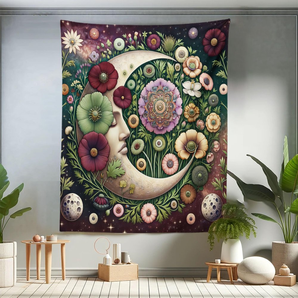 Ambesonne Moon Tapestry Twin Size, Starry Mandala Details Medieval Luna Character with Fantasy Leaves Boho, Wall Hanging Bedspread Bed Cover Wall Decor, 68" X 88", Pale Green Maroon Lilac