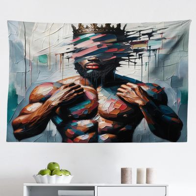 Ambesonne Afro Art Tapestry, Strong Black Man with a Crown Face of Strokes Modern Painting Print, Fabric Wall Hanging Decor for Bedroom Living Room Dorm, 45" X 30", Blue Grey and Chocolate