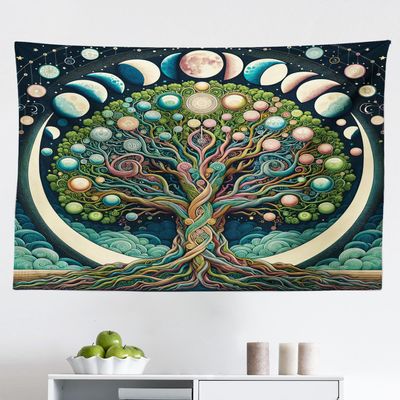 Ambesonne Green Tapestry, Jumble Ornaments Tree of Life with Planet and Moon Lunar PhaseS Bohemian, Fabric Wall Hanging Decor for Bedroom Living Room Dorm, 45" x 30", Teal Blue Dried Rose