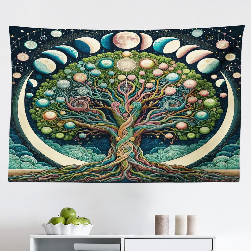 Ambesonne Green Tapestry, Jumble Ornaments Tree of Life with Planet and Moon Lunar PhaseS Bohemian, Fabric Wall Hanging Decor for Bedroom Living Room Dorm, 45" x 30", Teal Blue Dried Rose