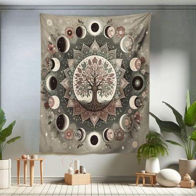 Ambesonne Moon Tapestry Twin Size, Cosmic Boho Themed Lunar Circle with Tree of Life Leafy Mandala Details, Wall Hanging Bedspread Bed Cover Wall Decor, 68" X 88", Sage Green Pale Chocolate