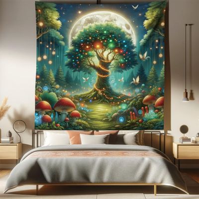 Ambesonne Nature Tapestry Queen Size, Modern Wonderland Fantasy Woods Life Tree with Mushrooms and Dancing Wings, Wall Hanging Bedspread Bed Cover Wall Decor, 88" X 88", Redwood Olive Green