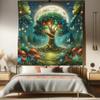 Ambesonne Nature Tapestry Queen Size, Modern Wonderland Fantasy Woods Life Tree with Mushrooms and Dancing Wings, Wall Hanging Bedspread Bed Cover Wall Decor, 88" X 88", Redwood Olive Green view 1