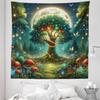 Ambesonne Nature Tapestry Queen Size, Modern Wonderland Fantasy Woods Life Tree with Mushrooms and Dancing Wings, Wall Hanging Bedspread Bed Cover Wall Decor, 88" X 88", Redwood Olive Green view 2