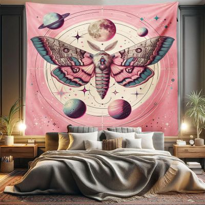 Ambesonne Pink Tapestry King Size, Celestial Moth with Planets and Stars in Retro Colors Cosmic Artwork in a Circle, Wall Hanging Bedspread Bed Cover Wall Decor, 104" X 88", Rose Cadet Blue