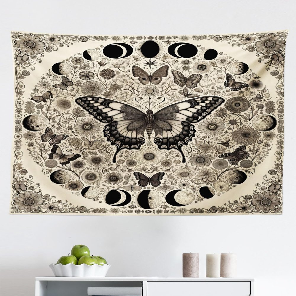 Ambesonne Boho Tapestry, Jumble Nostalgia Medieval Witchy Butterfly Moon Pattern Floral Ornament, Fabric Wall Hanging Decor for Bedroom Living Room Dorm, 45" X 30", Eggshell Dark Taupe Sepia