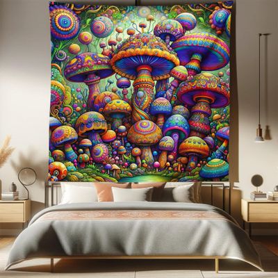 Ambesonne Mushroom Tapestry Queen Size, Art Trippy Jungle with Colorful Huddles of Oriental Motifs Outer World Psychedelic, Wall Hanging Bedspread Bed Cover Wall Decor, 88" X 88", Multicolor