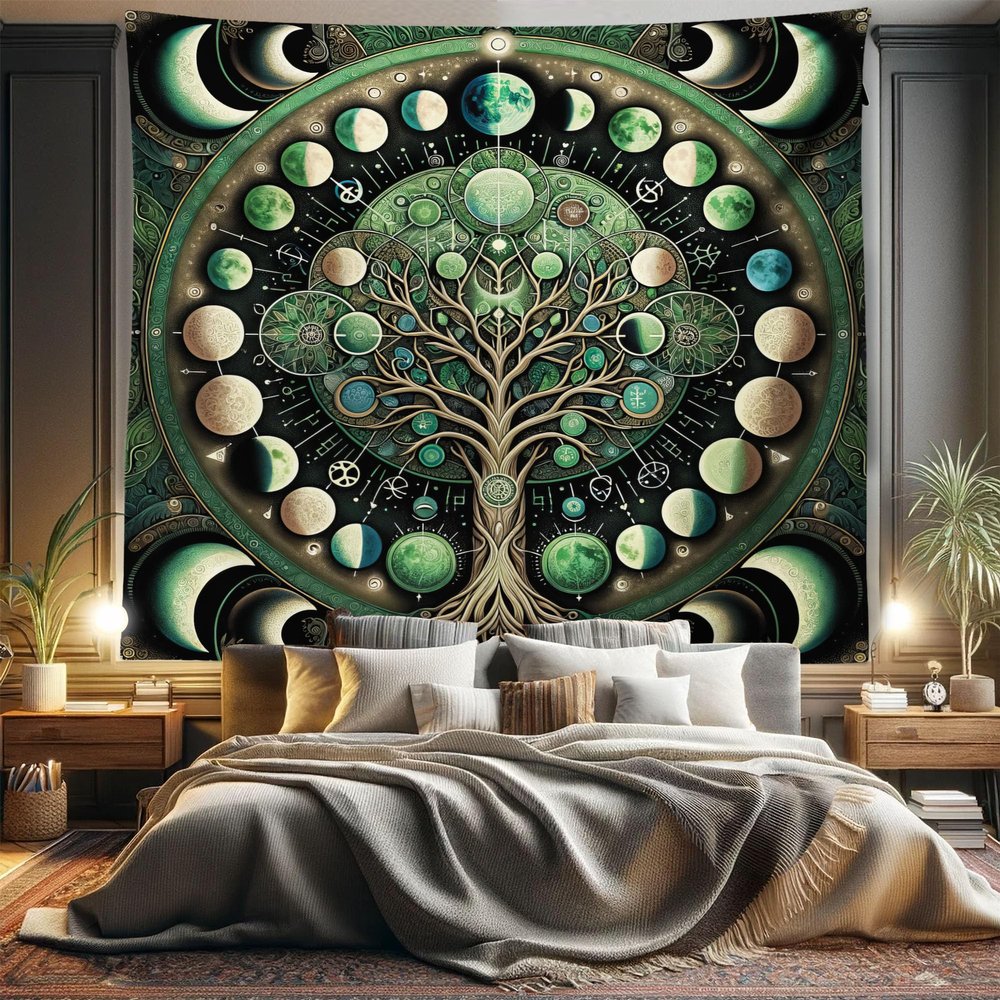 Ambesonne Green Tapestry King Size, Moon Phases Around a Tree of Life Enhance Night Boho Astrology Design Print, Wall Hanging Bedspread Bed Cover Wall Decor, 104" X 88", Black Ecru and Blue