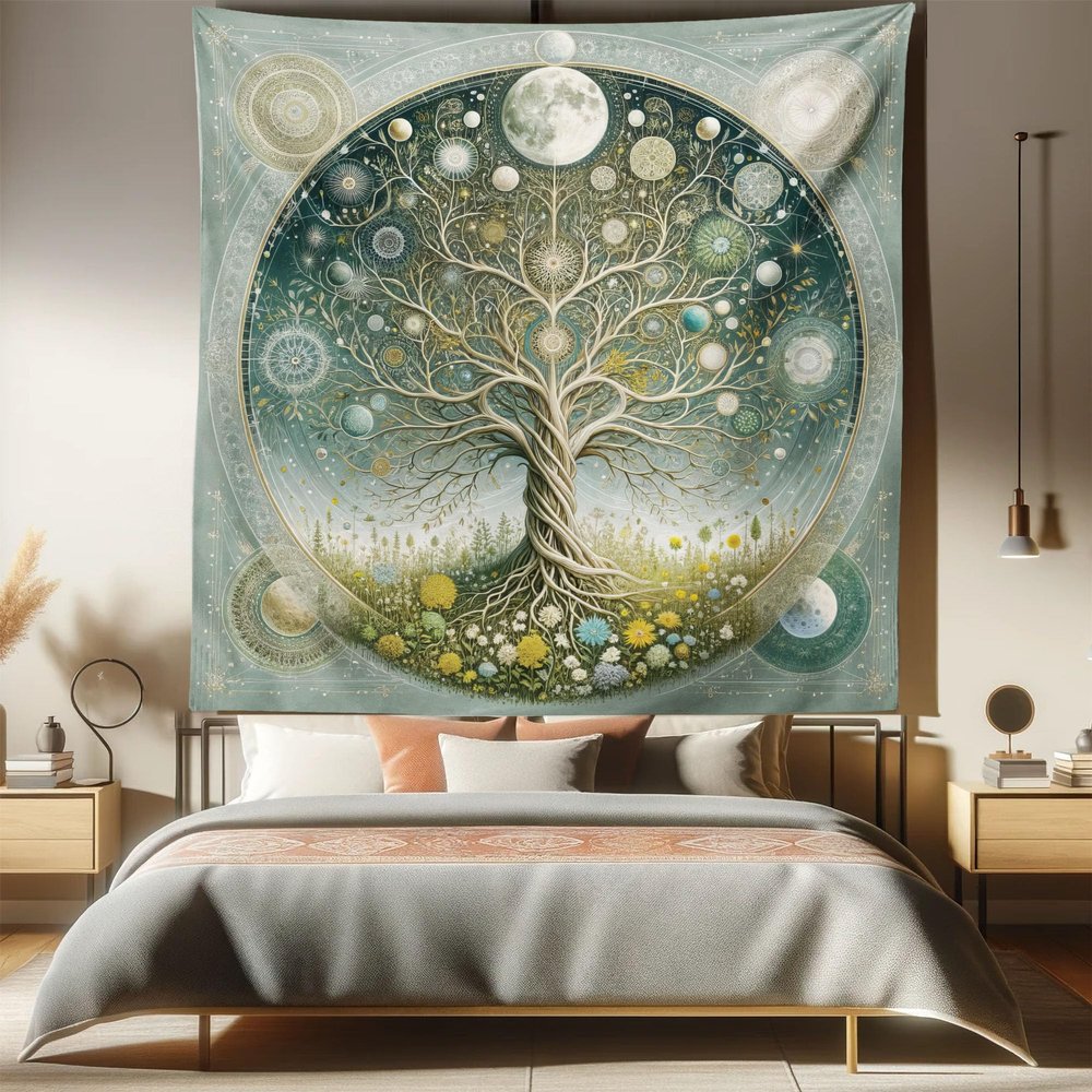 Ambesonne Hippie Tapestry Queen Size, Mystic Feel Tree of Life Art with Greenery Vines Galaxy Ornated Moons Boho, Wall Hanging Bedspread Bed Cover Wall Decor, 88" X 88", Teal Pale Sage Green