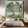Ambesonne Hippie Tapestry Queen Size, Mystic Feel Tree of Life Art with Greenery Vines Galaxy Ornated Moons Boho, Wall Hanging Bedspread Bed Cover Wall Decor, 88" X 88", Teal Pale Sage Green view 1