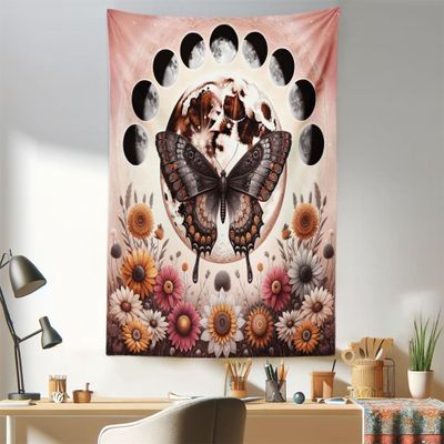 Ambesonne Boho Tapestry, Springtime Butterfly Art with Delicate Floral Garden and Dreamy Moon Circle, Fabric Wall Hanging Decor for Bedroom Living Room Dorm, 30" X 45", Pale Ruby Dark Taupe