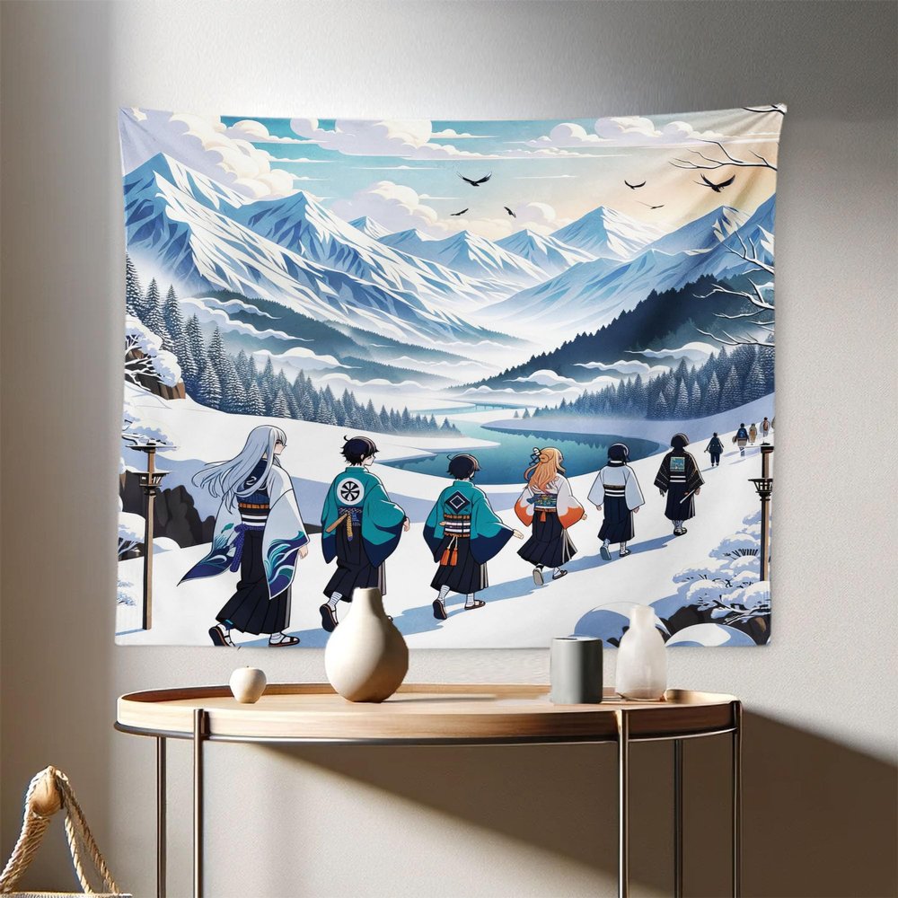 Ambesonne Anime Tapestry, Scene of Characters Walking on a Snowy Patch Through Winter Lake and Mounstains, Fabric Wall Hanging Decor for Bedroom Living Room Dorm, 28" X 23", Blue Teal White