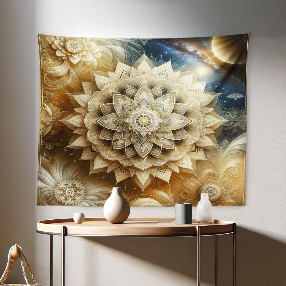Ambesonne Mandala Tapestry, Dreamy Astronomy Blooming Lotus Flower with Outer Space Details Boho, Fabric Wall Hanging Decor for Bedroom Living Room Dorm, 28" X 23", Pale Khaki Camel Sea Blue