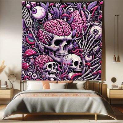 Ambesonne Skull Tapestry Queen Size, Trippy Zombie Like Brains Skeleton Heads Hands and Eyeballs Mushroom Pattern, Wall Hanging Bedspread Bed Cover Wall Decor, 88" X 88", Pink and Purple