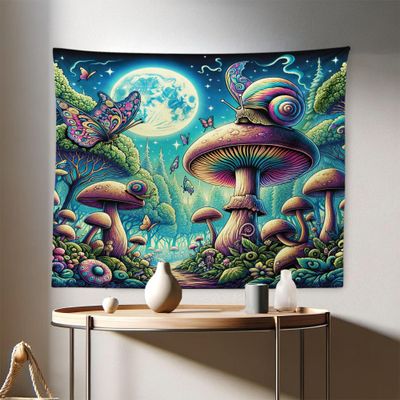 Ambesonne Aesthetic Tapestry, Psychedelic Forest of Colorful Mushrooms Surreal Forest Full Moon Night, Fabric Wall Hanging Decor for Bedroom Living Room Dorm, 28" X 23", Turquoise Multicolor