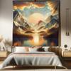 Ambesonne Mountain Tapestry Queen Size, Sunrise Scenario of Meadows Featuring Groovy Mounts with Lake Clouds, Wall Hanging Bedspread Bed Cover Wall Decor, 88" X 88", Peach Fawn Pale Seafoam view 1