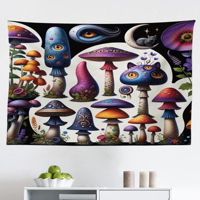 Ambesonne Hippie Tapestry, Psychedelic Dream of Trippy Mushroom Scene with Eyes and Cat Face Fantasy, Fabric Wall Hanging Decor for Bedroom Living Room Dorm, 45" X 30", Quartz Sea Blue Pearl