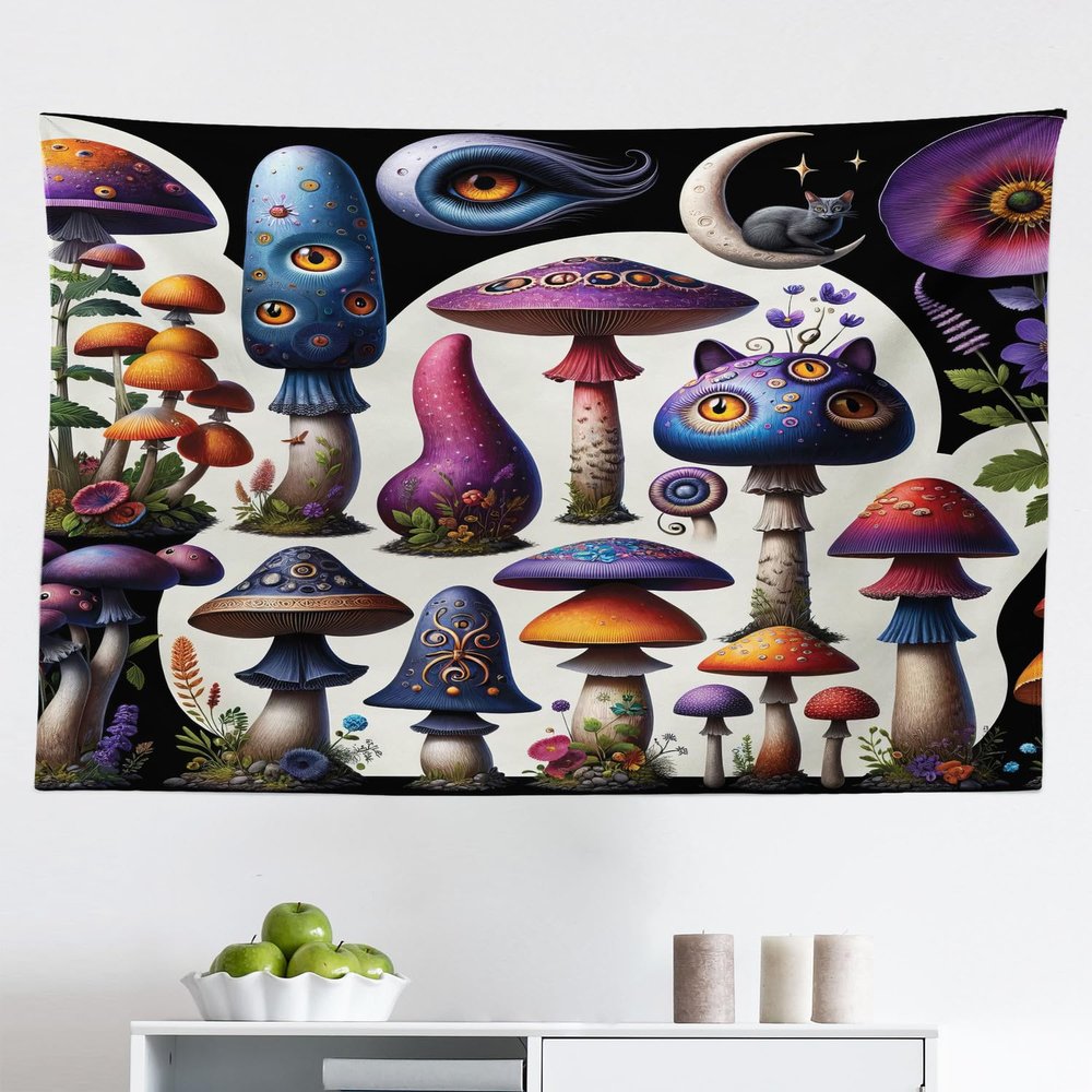 Ambesonne Hippie Tapestry, Psychedelic Dream of Trippy Mushroom Scene with Eyes and Cat Face Fantasy, Fabric Wall Hanging Decor for Bedroom Living Room Dorm, 45" X 30", Quartz Sea Blue Pearl
