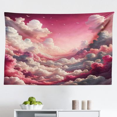 Ambesonne Pink Tapestry, Dreamy Land in the Sky with Fluffy Rosy Clouds Ombre Gradient Sunrise Birds, Fabric Wall Hanging Decor for Bedroom Living Room Dorm, 45" X 30", Pearl and Off White