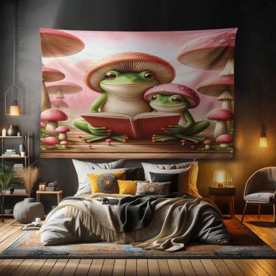 Ambesonne Funny Tapestry, Happily Smiling Frog Family of 2 with Mushrooms Hats Reading a Book, Fabric Wall Hanging Decor for Bedroom Living Room Dorm, 90" X 60", Coral Lime Green and Caramel