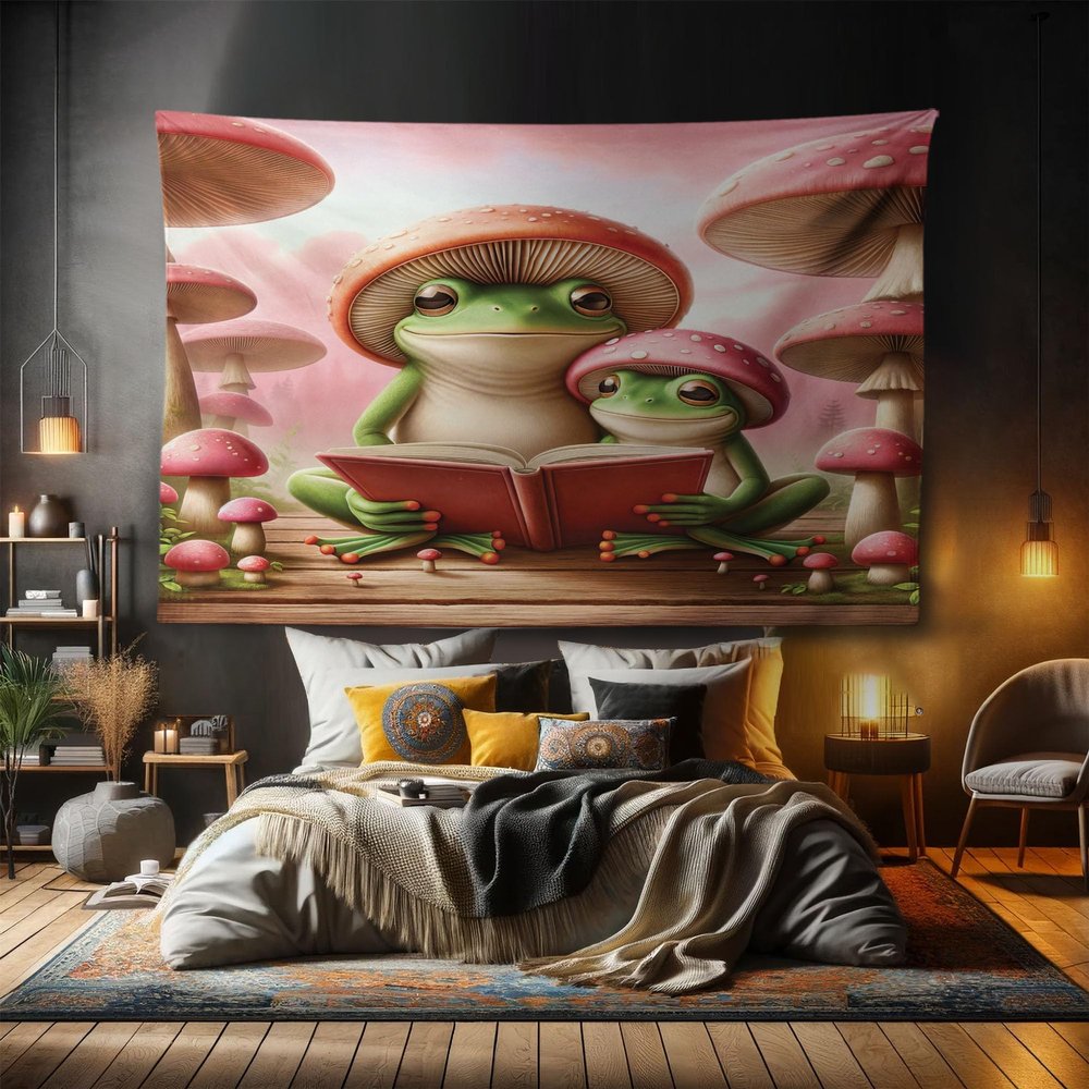 Ambesonne Funny Tapestry, Happily Smiling Frog Family of 2 with Mushrooms Hats Reading a Book, Fabric Wall Hanging Decor for Bedroom Living Room Dorm, 90" X 60", Coral Lime Green and Caramel