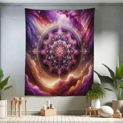 Ambesonne Purple Tapestry Twin Size, Symmetric Universe Folk Ethnic Art Design Mandala with Galaxy Space Clouds, Wall Hanging Bedspread Bed Cover Wall Decor, 68" X 88", Fuchsia and Amber