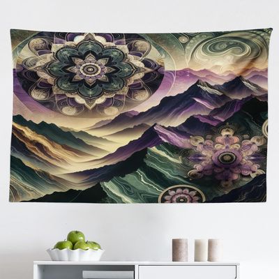 Ambesonne Boho Tapestry, Dreamy Tones Wilderness Scenery with Mountains and Blooming Trippy Floral, Fabric Wall Hanging Decor for Bedroom Living Room Dorm, 45" X 30", Pale Lilac Reseda Green