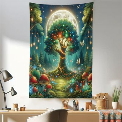 Ambesonne Nature Tapestry, Modern Wonderland Fantasy Woods Life Tree with Mushrooms and Dancing Wings, Fabric Wall Hanging Decor for Bedroom Living Room Dorm, 30" X 45", Redwood Olive Green