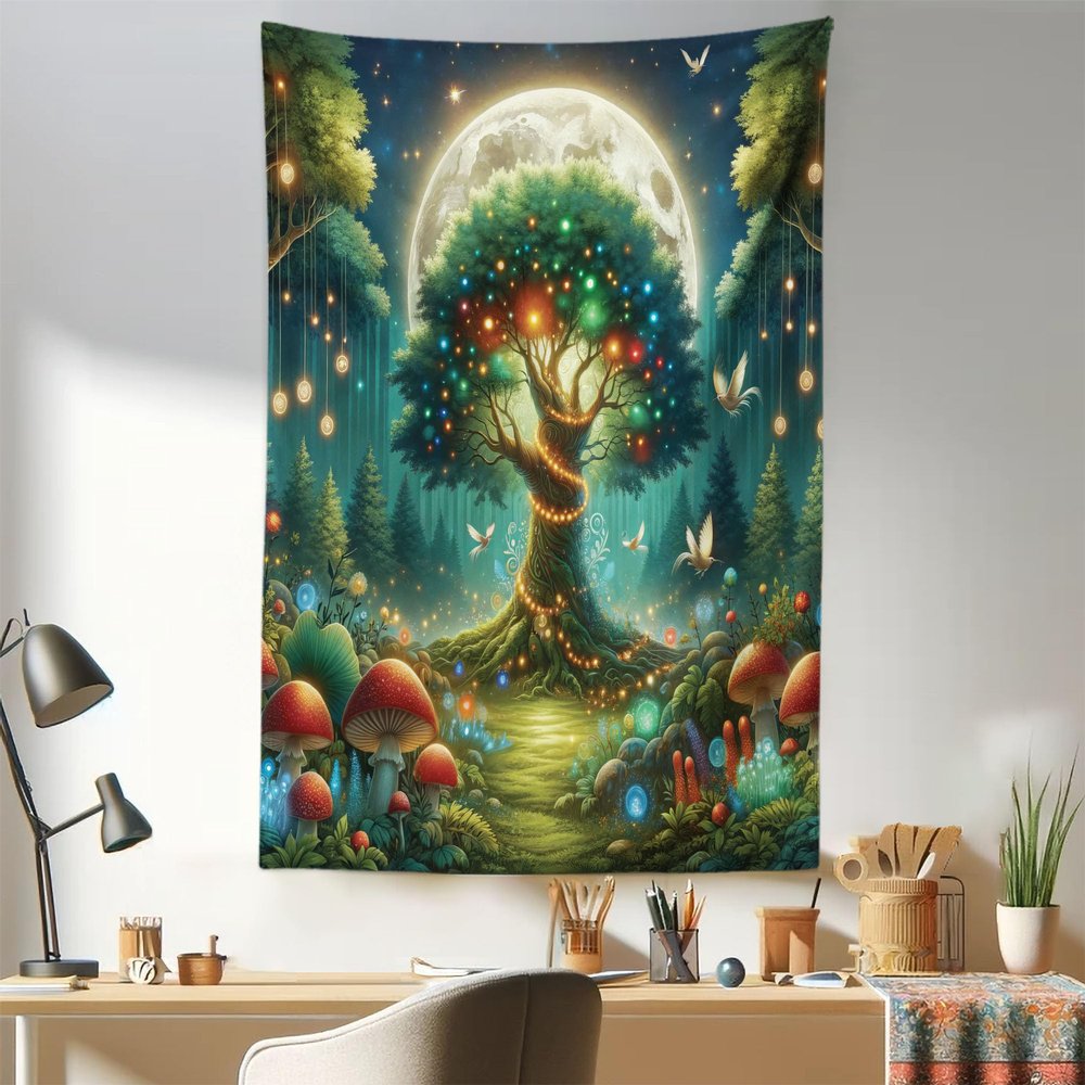 Ambesonne Nature Tapestry, Modern Wonderland Fantasy Woods Life Tree with Mushrooms and Dancing Wings, Fabric Wall Hanging Decor for Bedroom Living Room Dorm, 30" X 45", Redwood Olive Green