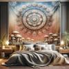 Ambesonne Hippie Tapestry King Size, Fantasy Vibes Mushroom Jungle with Oriental Vibes Mandal Print Peacock, Wall Hanging Bedspread Bed Cover Wall Decor, 104" X 88", Pale Ruby Blue Grey Ecru view 1