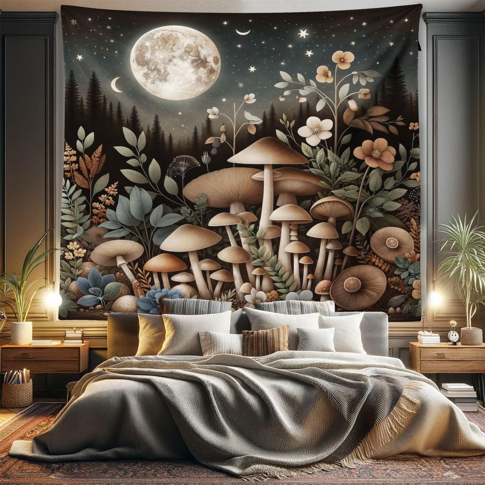 Ambesonne Aesthetic Tapestry King Size, Night Forest Scene with Boho Nature Mushroom Leaves Stars and Full Moon, Wall Hanging Bedspread Bed Cover Wall Decor, 104" X 88", Sepia and Grey Teal