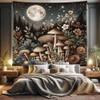 Ambesonne Aesthetic Tapestry King Size, Night Forest Scene with Boho Nature Mushroom Leaves Stars and Full Moon, Wall Hanging Bedspread Bed Cover Wall Decor, 104" X 88", Sepia and Grey Teal view 1