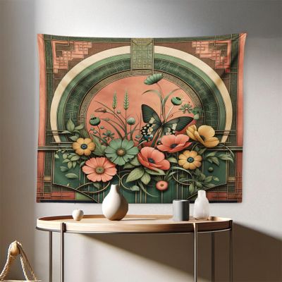 Ambesonne Boho Tapestry, Traditional Japanese Ornaments with Floral Balcony with Butterfly Spring, Fabric Wall Hanging Decor for Bedroom Living Room Dorm, 28" X 23", Dark Salmon Laurel Green