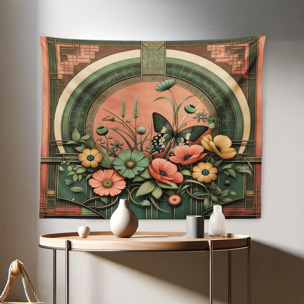 Ambesonne Boho Tapestry, Traditional Japanese Ornaments with Floral Balcony with Butterfly Spring, Fabric Wall Hanging Decor for Bedroom Living Room Dorm, 28" X 23", Dark Salmon Laurel Green