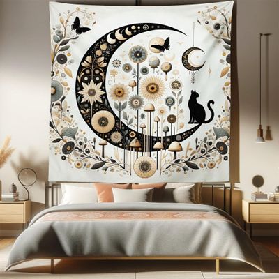 Ambesonne Hippie Tapestry Queen Size, Modern Scandi Crescent with Boho Floral and Leaves Greenery Black Cat, Wall Hanging Bedspread Bed Cover Wall Decor, 88" X 88", Grey Yellow Charcoal Grey