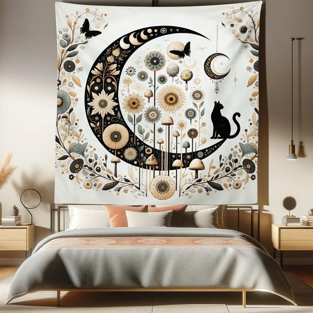 Ambesonne Hippie Tapestry Queen Size, Modern Scandi Crescent with Boho Floral and Leaves Greenery Black Cat, Wall Hanging Bedspread Bed Cover Wall Decor, 88" X 88", Grey Yellow Charcoal Grey