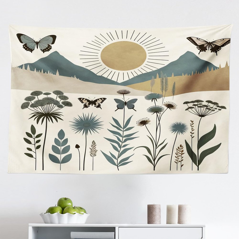 Ambesonne Boho Tapestry, Mid Century Modern Meadow with Mountains Butterfly Leaves on Creamy Back, Fabric Wall Hanging Decor for Bedroom Living Room Dorm, 45" X 30", Dark Mustard Slate Blue