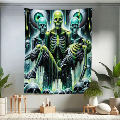 Ambesonne Trippy Tapestry Twin Size, Post Apocalyptic Feel Zombie Skeletons with Monster Eyes Psychedelic, Wall Hanging Bedspread Bed Cover Wall Decor, 68" X 88", Lime Green Turquoise Grey