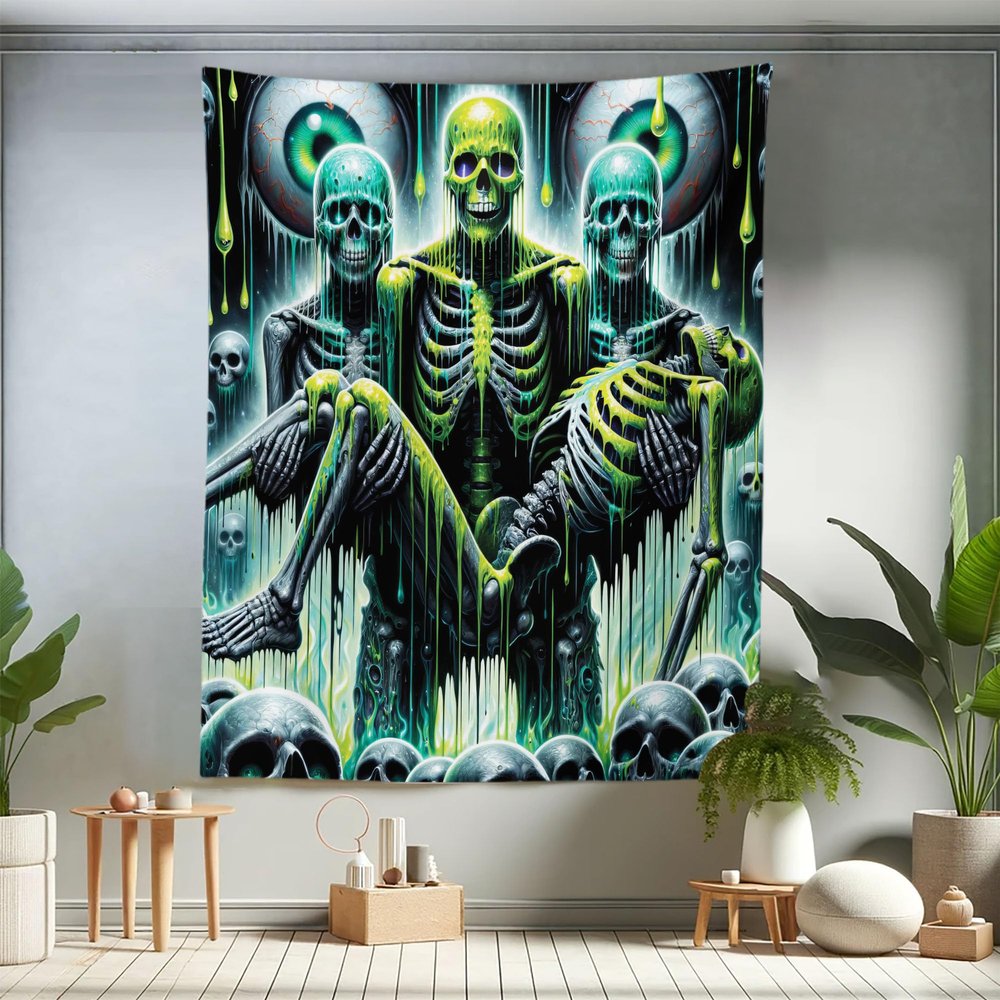 Ambesonne Trippy Tapestry Twin Size, Post Apocalyptic Feel Zombie Skeletons with Monster Eyes Psychedelic, Wall Hanging Bedspread Bed Cover Wall Decor, 68" X 88", Lime Green Turquoise Grey