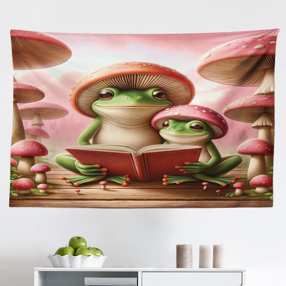 Ambesonne Funny Tapestry, Happily Smiling Frog Family of 2 with Mushrooms Hats Reading a Book, Fabric Wall Hanging Decor for Bedroom Living Room Dorm, 45" X 30", Coral Lime Green and Caramel