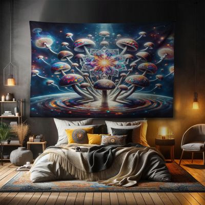 Ambesonne Mushroom Tapestry, Astral World Psychedelic Mandala Flower Starry Space Cosmic Atmosphere, Fabric Wall Hanging Decor for Bedroom Living Room Dorm, 90" X 60", Sea Blue Multicolor
