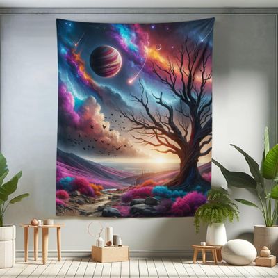 Ambesonne Space Tapestry Twin Size, Surreal Galactic Landscape with Nebula Sky Dried Tree and Colorful Bushes, Wall Hanging Bedspread Bed Cover Wall Decor, 68" X 88", Fuchsia Blue and Peach