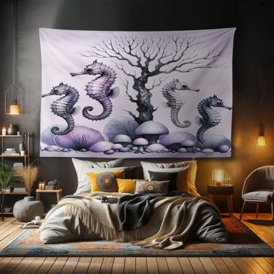 Ambesonne Purple Tapestry, Dried Tree with Mushrooms in Lilac Color Palette and Huge Seahorse Prints, Fabric Wall Hanging Decor for Bedroom Living Room Dorm, 90" X 60", Mauve and Lavender