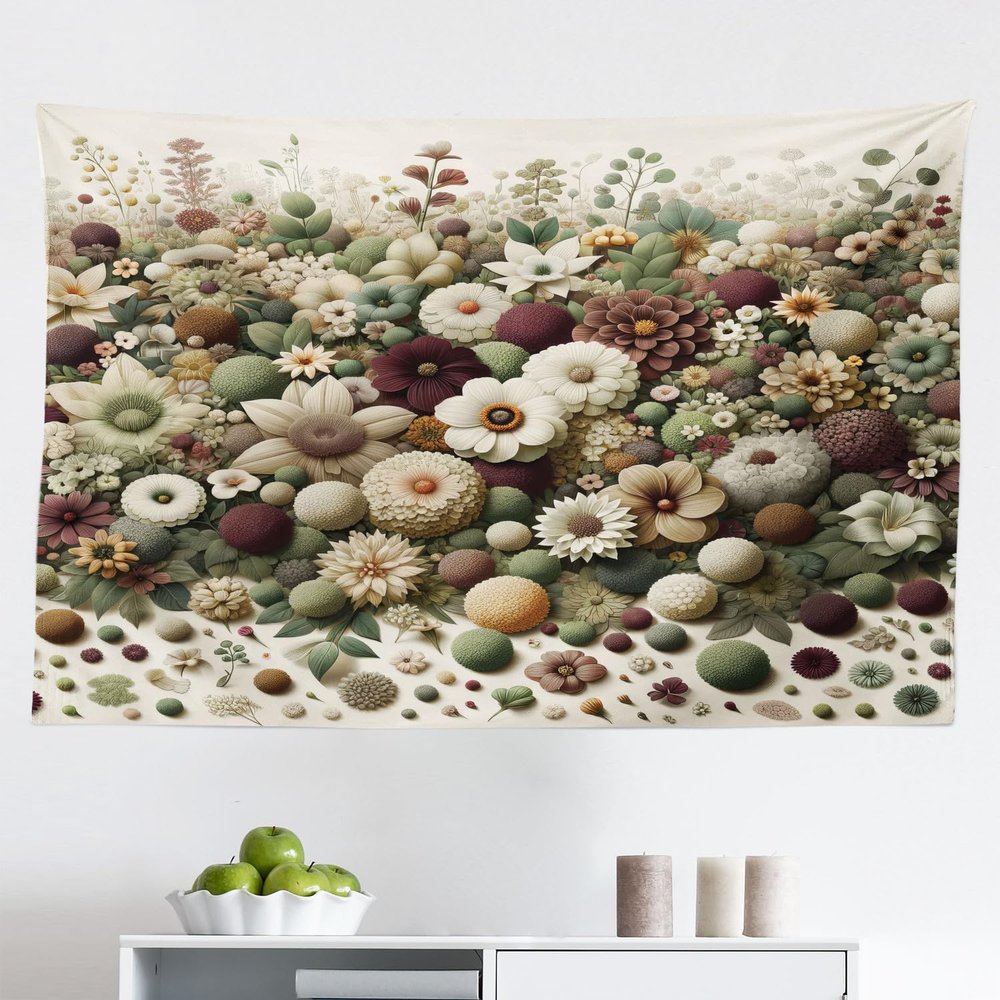 Ambesonne Flower Tapestry, Botanical Dream of Jumble Design Forest Flowers and Leaves on Creamy Back, Fabric Wall Hanging Decor for Bedroom Living Room Dorm, 45" X 30", Pale Green Dried Rose