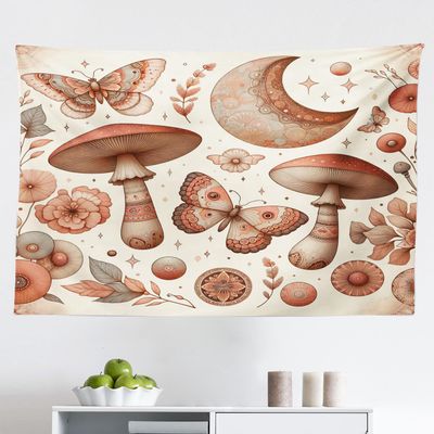 Ambesonne Mandala Tapestry, Medieval Witchcore Art Mushroom Butterfly and Crescent with Leafy Details, Fabric Wall Hanging Decor for Bedroom Living Room Dorm, 45" X 30", Dark Salmon Eggshell