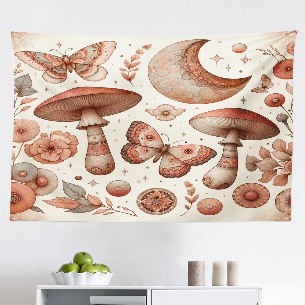 Ambesonne Mandala Tapestry, Medieval Witchcore Art Mushroom Butterfly and Crescent with Leafy Details, Fabric Wall Hanging Decor for Bedroom Living Room Dorm, 45" X 30", Dark Salmon Eggshell