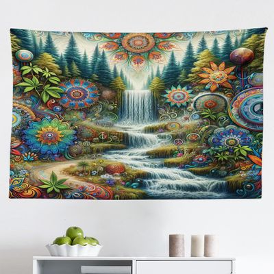 Ambesonne Trippy Tapestry, Scenic Waterfall with Wonderland Woods and Psychedelic Mandala Flowers, Fabric Wall Hanging Decor for Bedroom Living Room Dorm, 45" X 30", Olive Green Multicolor