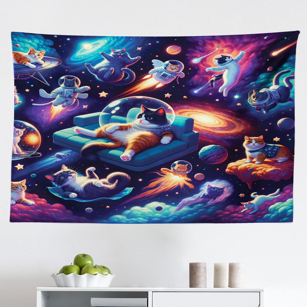 Ambesonne Cat Tapestry, Funny Galaxy Themed Print with Astronaut Kitties Floating in Outer Space, Fabric Wall Hanging Decor for Bedroom Living Room Dorm, 45" X 30", Dark Purple Aqua Orange