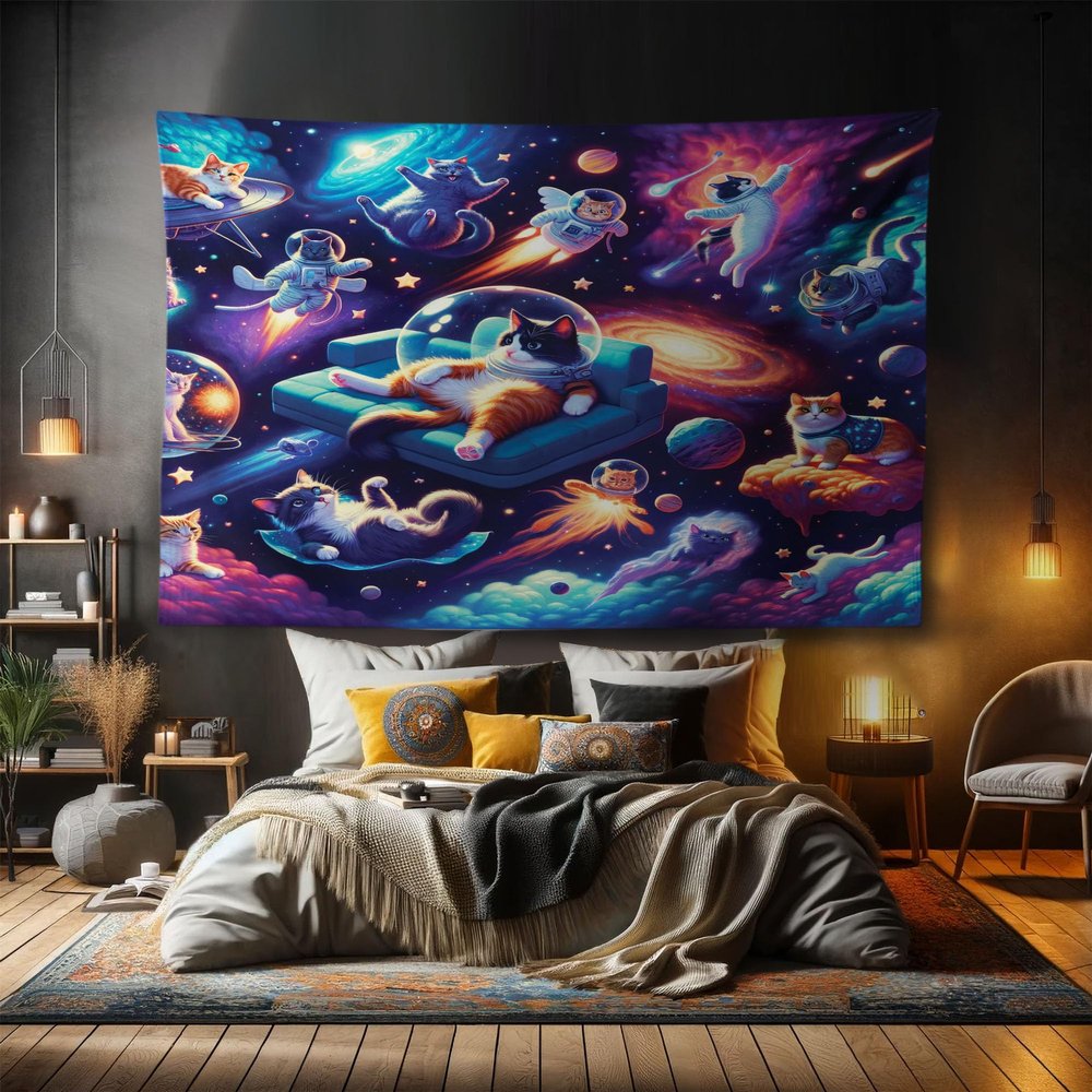 Ambesonne Cat Tapestry, Funny Galaxy Themed Print with Astronaut Kitties Floating in Outer Space, Fabric Wall Hanging Decor for Bedroom Living Room Dorm, 90" X 60", Dark Purple Aqua Orange